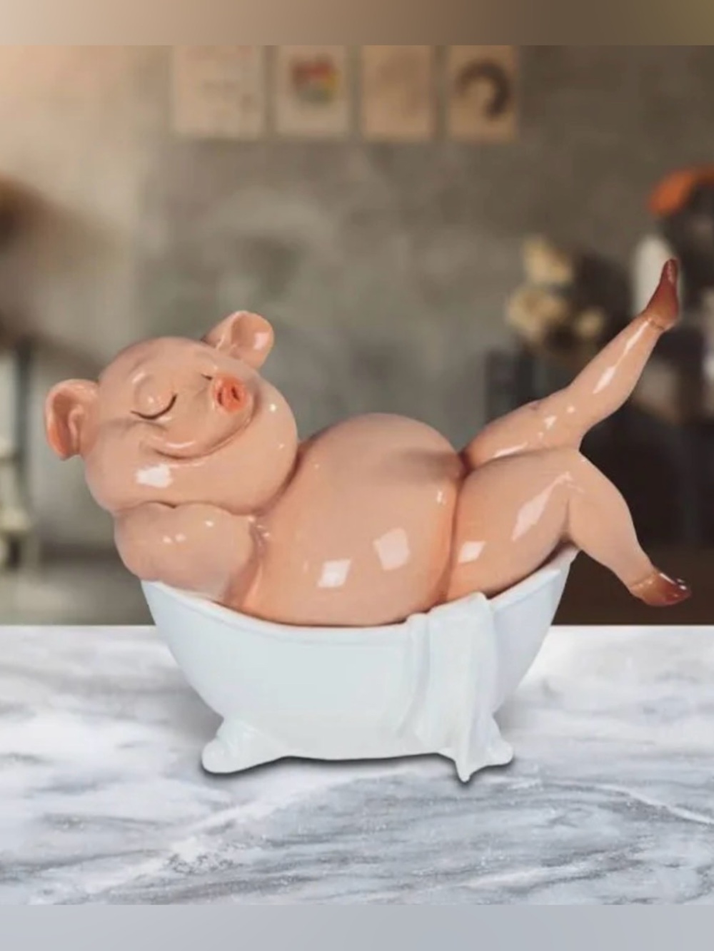Ceramic Relaxing Pig Figurine in Blush Pink with White Tub 6”
